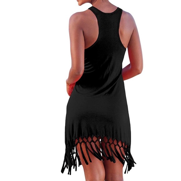 Beach Black Dress Fringe Cover Up Racerback - Picture 5 of 12